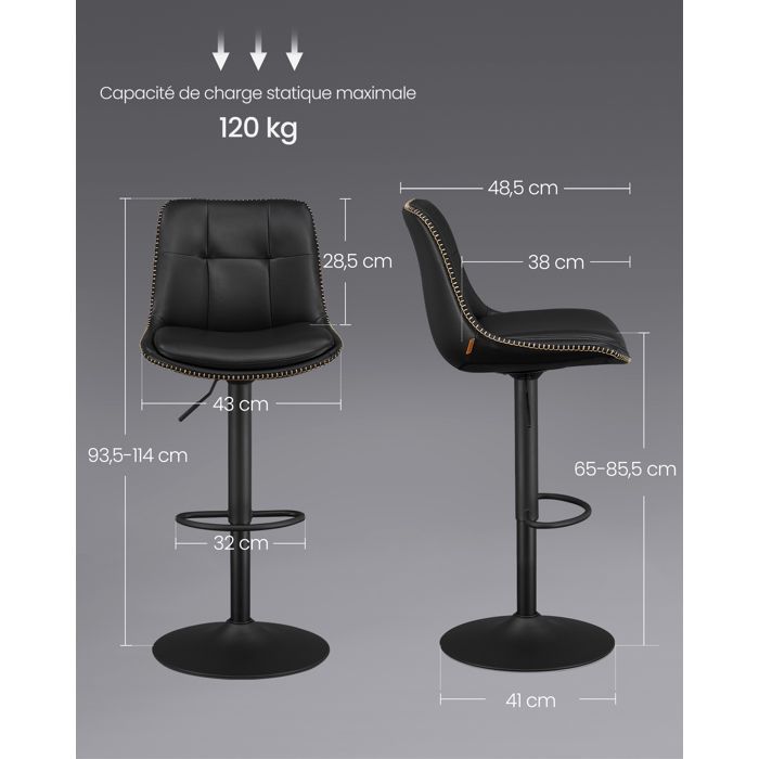 Taburetes de bar VASAGLE, juego de 4, asiento giratorio regulable en altura, tapizados en piel sintética, con respaldo, para encimera, de acero, color negro tinta.