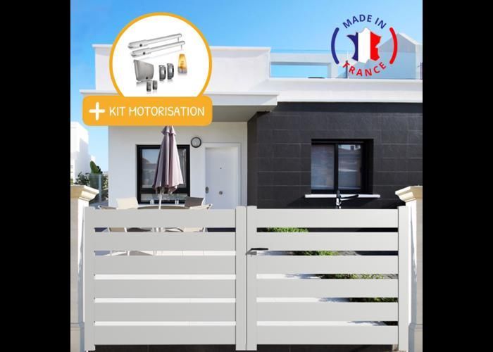 Portail alu battant SAH en kit + MOT Dimensions L.4000 (entre piliers) X H.1500 mm SGS Essential (vérins)  Blanc (9010)