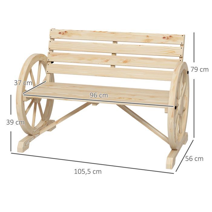 Banc de Jardin - Outsunny - 3 places - Style Rustique Chic - accoudoirs Roues Charette - en bois - effet bois naturel