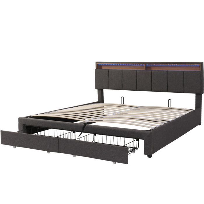 Letto contenitore 160 x 200 cm, letto matrimoniale con contenitore, contenitore nella testiera imbottita, letto 160x100 cm con rete a doghe, letto per adulti, lino grigio
