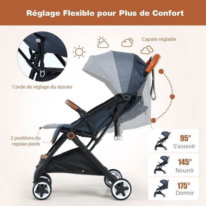 Poussette Bébé 0-3 Ans Pliable à une Main avec Tige COSTWAY Dossier-Repose-pieds Réglables-Auvent Rétractable-Sangle d'Attache Bleu
