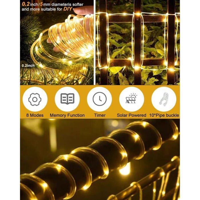 Guirnalda de luces solares para exteriores, 12 m, 100 LED, 8 modos, resistente al agua, ideal para decorar jardines, patios y balcones (blanco cálido).
