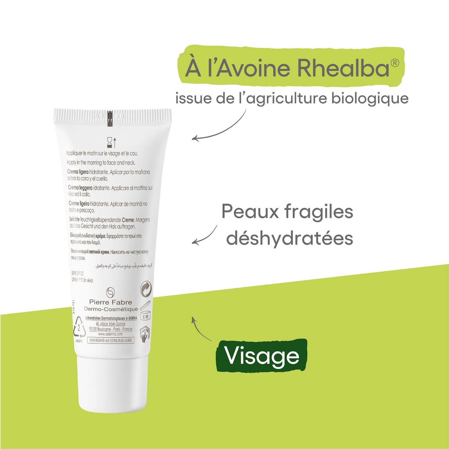 A-DERMA Crème visage légère hydratante SPF20