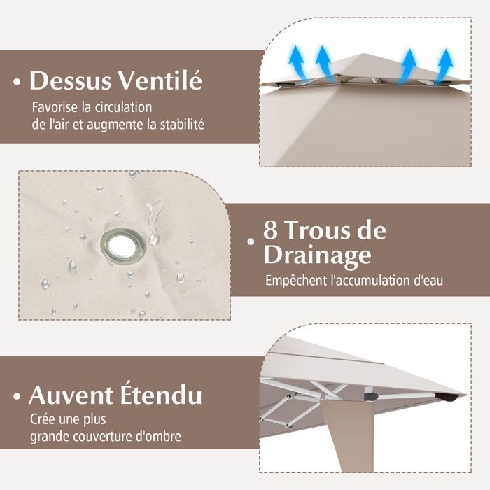Tonnelle de Jardin Pop-up Toit Aéré 395X395CM-COSTWAY-3 Hauteurs Réglables -Tente Réception pour Fête BBQ- Sac de Transport Kaki