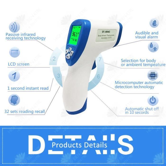 Termómetro electrónico multifunción sin contacto HTBE® con retroiluminación tricolor y función de recordatorio para la medición de la temperatura en la frente.