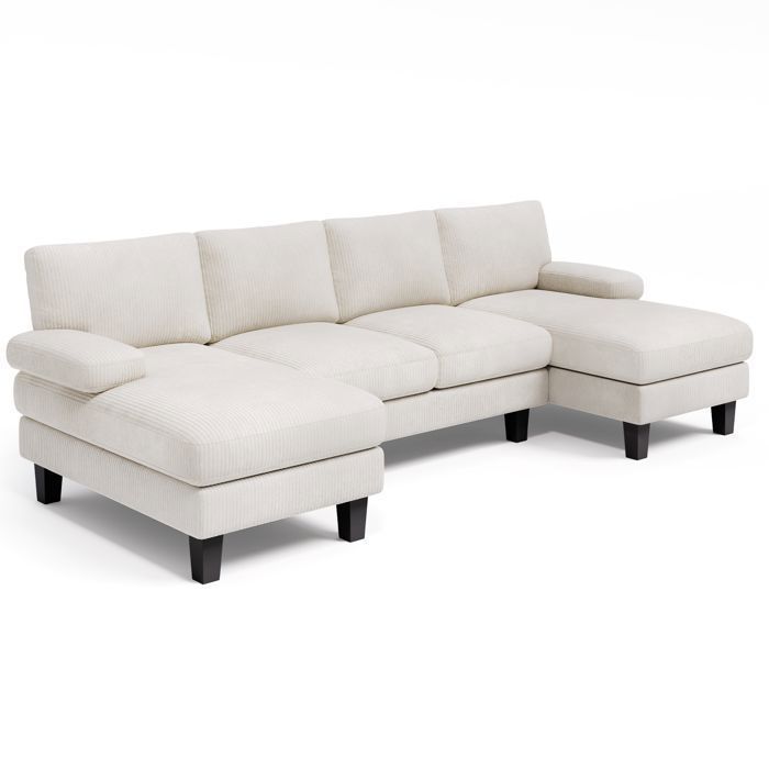 Divano angolare panoramico - Bealife - 4 posti - Forma a U - Velluto a coste - 2 chaise longue - Stile scandinavo - Beige