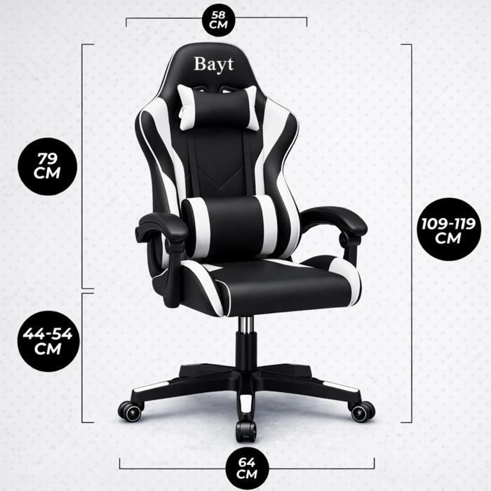 Bayt Ergonomischer Gaming-Stuhl – Verstellbare Armlehnen – Höhenverstellbar – Verstellbare Rückenlehne – Schwarz & Weiß