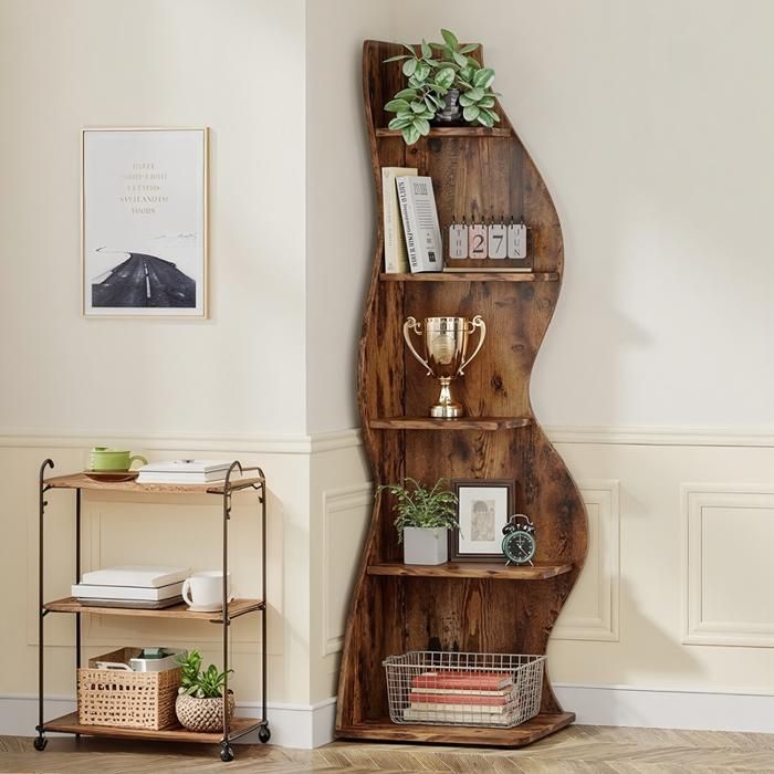 TOPESCT Étagère d'angle Moderne à 5 Niveaux, Petite Bibliothèque d'angle élégante avec Forme Unique pour Bureau,Salon,Marron