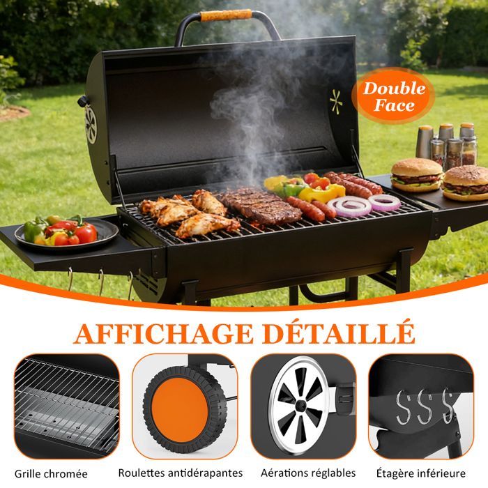 Barbecue Portable à Charbon de Bois avec Couvercle, 3 en 1 Chariot à Barbecue avec Grille à Poulet, pour Camping, Jardin, Balcon