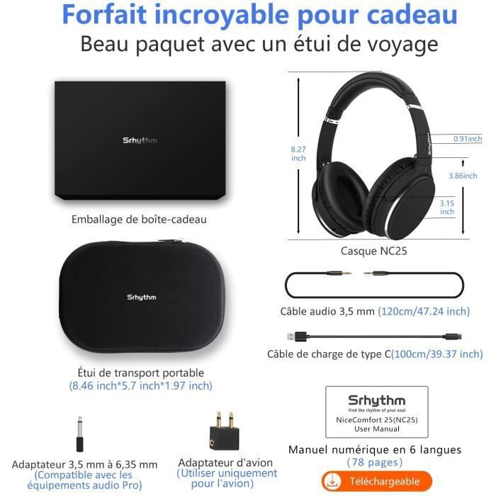 Srhythm NC25 Wireless Bluetooth Headphones with Noise Cancellation, Bluetooth 5.0, 50H Playtime, Voice Assistant, Low Latency Gaming Mode - Black