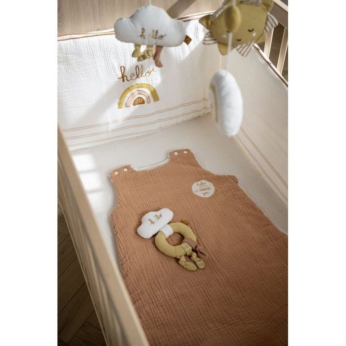 Protector de cuna ajustable - SAUTHON - SUNLIGHT - 100% algodón - Color crudo con estampado arcoíris