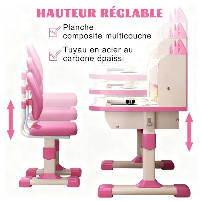 Escritorio y silla de estudio infantil – FIANAO – Altura regulable, escritorio de 105 × 72,5 cm, silla ergonómica, almacenamiento deslizante – Rosa