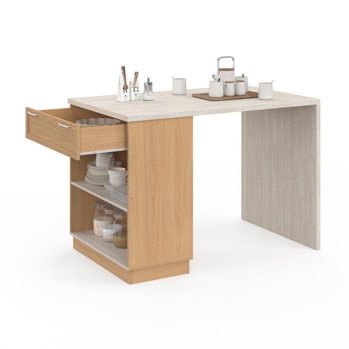IDMARKET VITO 130cm Central Island High Table for 4 People, Wood and Travertine Effect Top