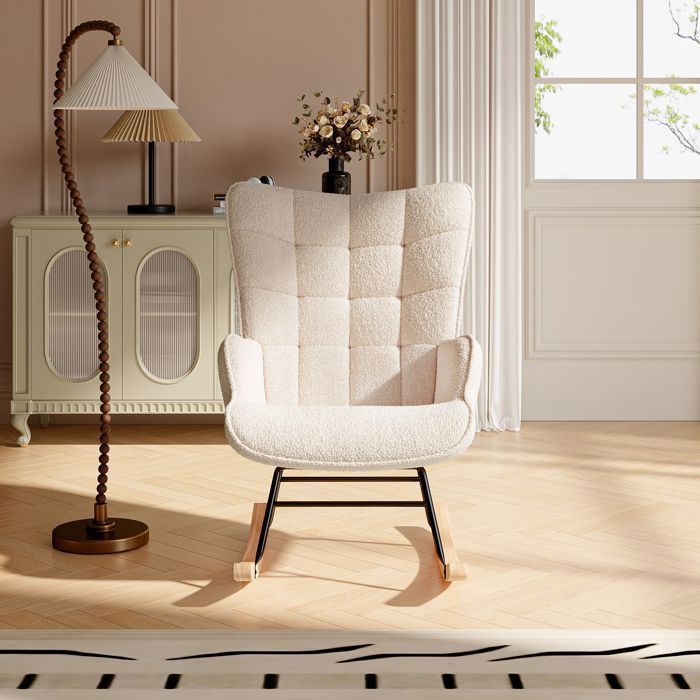 Fauteuil à bascule,rocking chair avec accoudoirs,Pieds en bois massif,Pour le salon, chambre,peluche d'agneau,beiges