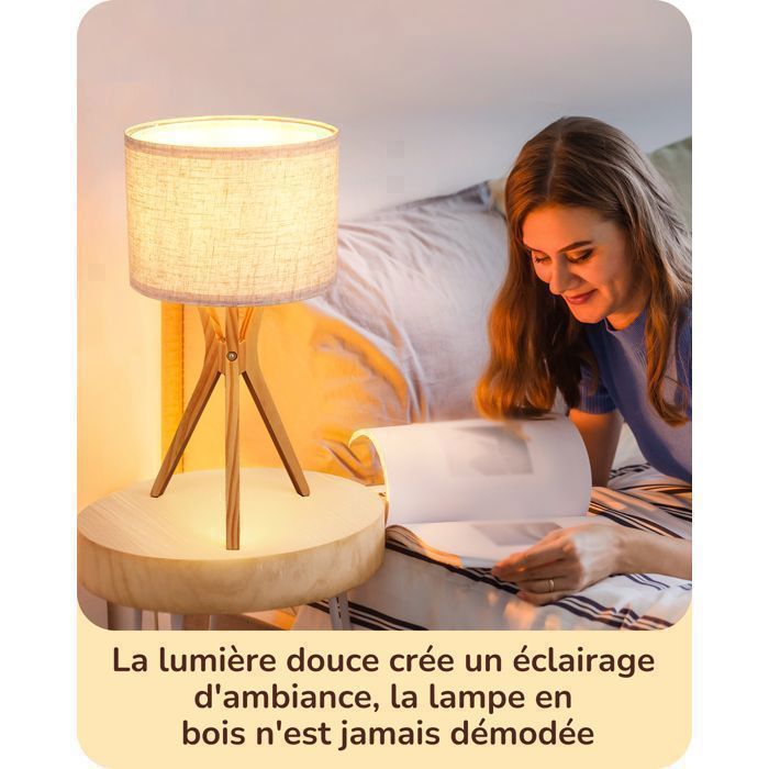 Luminária de mesa tripé EDISHINE com lâmpada LED E27, luminária de mesa moderna com 46 cm de altura, madeira e linho bege.