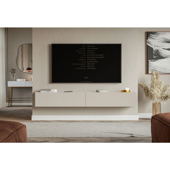 Mobile TV a parete con frontali a doghe scanalate – VELDIO – 200 cm – beige grigio