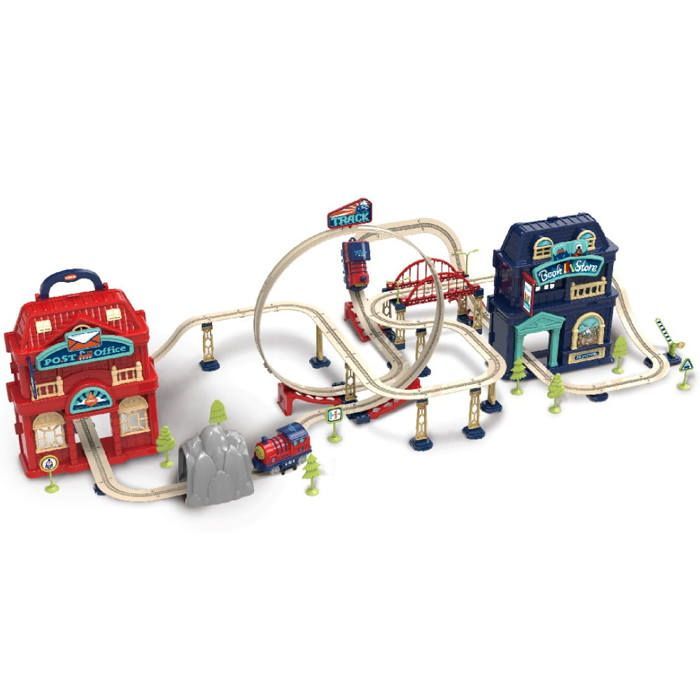 Tren eléctrico Sun Baby para niños de 3 años en adelante: circuito, viaducto, barrera, estación y tiendas.