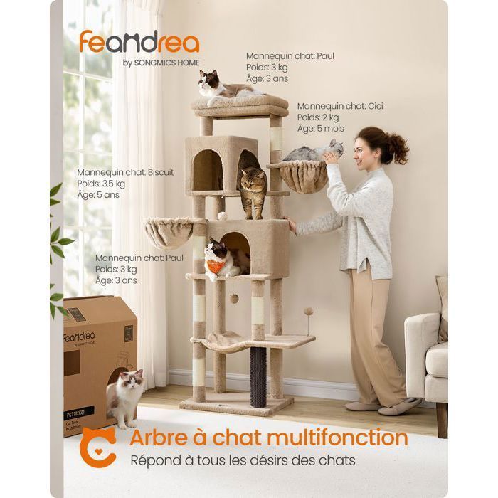 Grand Arbre à Chat, Hauteur 175 cm, Multi-Niveaux avec 2 Niches, 2 Paniers, 5 Griffoirs, Toilettage Autonome, Marron Camel