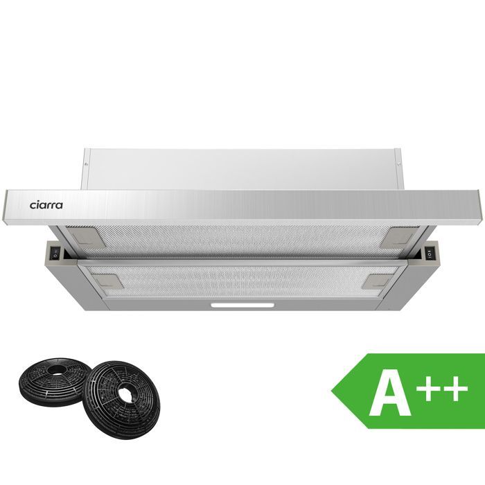 CIARRA Retractable Drawer Cooker Hood - 60cm - 370 m³/h - Energy Class A++ - with 2 Carbon Filters - LED Lighting - Stainless Steel