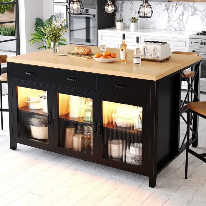 Luscriate - Îlot de Cuisine avec 4 Tabourets de Bar, Ensemble Complet avec Rangement Tiroirs et Placards, Plan de Travail, LED