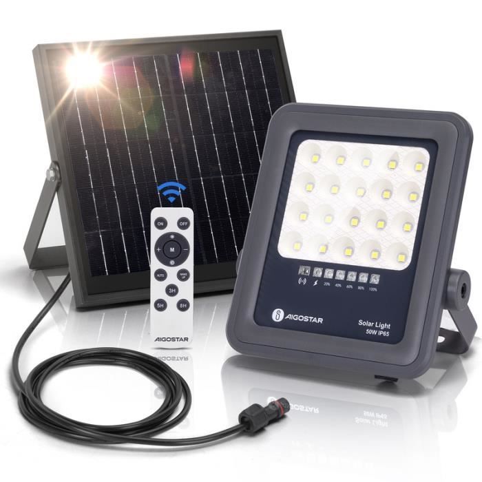 Focos solares Aigostar con mando a distancia, 50 W, 500 lm, luz blanca fría de 6500 K, IP65, cable de 2 m.