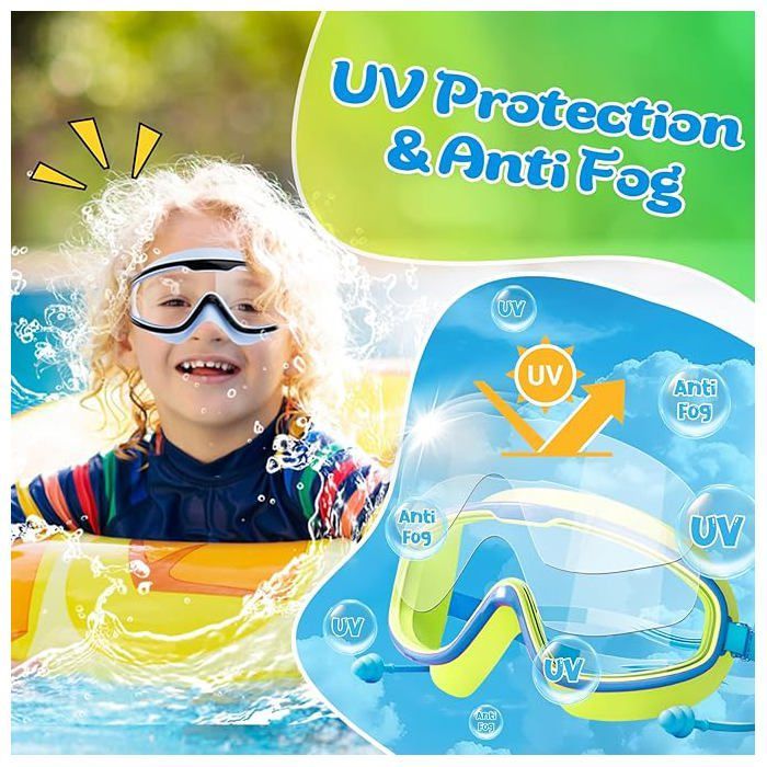 2 gafas de natación infantiles (de 3 a 12 años), antivaho, con protección UV, con protector nasal y tapones para los oídos.