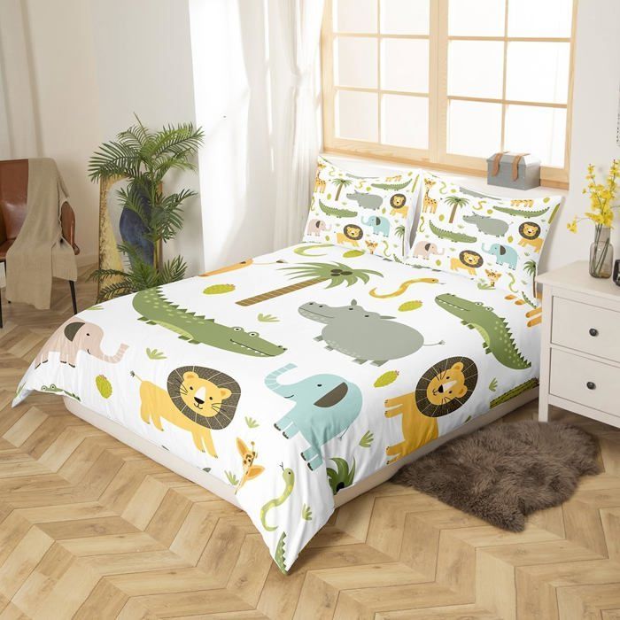 Juego de ropa de cama infantil con adorables diseños de animales salvajes: hipopótamo, cocodrilo, león, funda nórdica de 140x200cm, elefante y jirafa de dibujos animados.