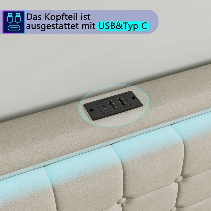 Cama doble de 180 x 200 cm, cama individual de 180 x 200 cm con 4 cajones, puerto USB e iluminación LED, estructura de cama con cabecero, tejido de lino, color beige.