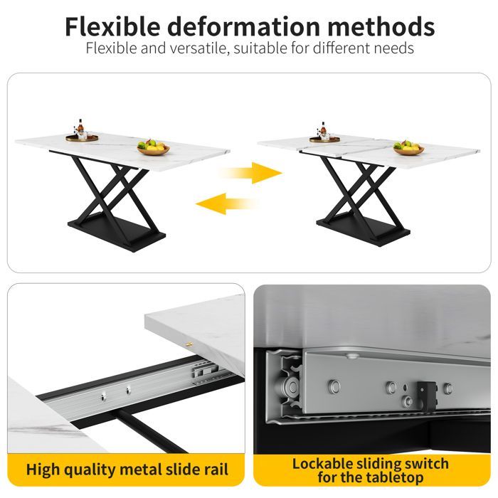 Conjunto de mesa de comedor extensible de 120-160 cm con efecto mármol blanco + 4 sillas de terciopelo negro - Conjunto de comedor de 5 piezas para 4 personas
