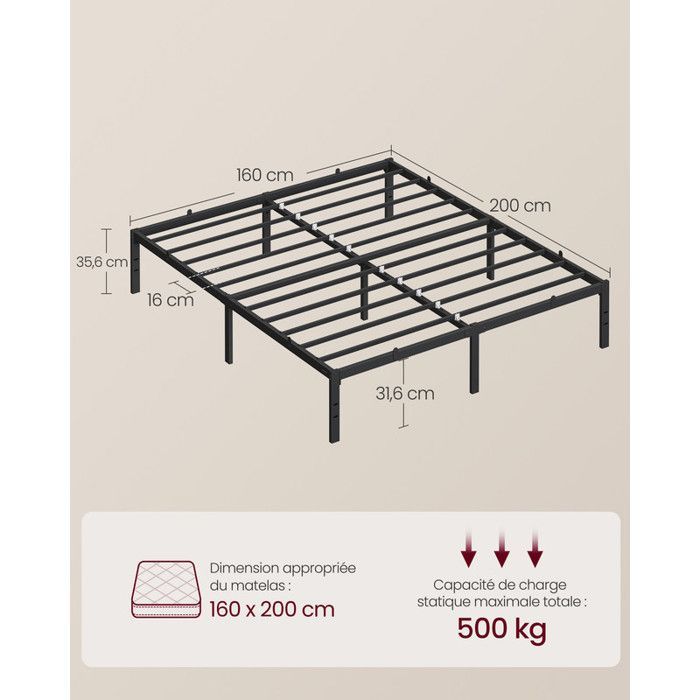 Estructura de cama doble, 160 x 200 cm, estructura metálica, espacio de almacenamiento debajo, estilo moderno, fácil montaje, negro mate.