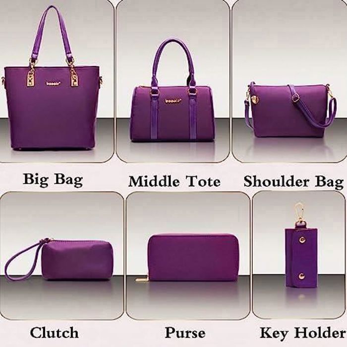 Women's Fashion 6-Piece Bag Set: PU Leather Handbag + Tote Bag + Shoulder Bag + Wallet, Purple