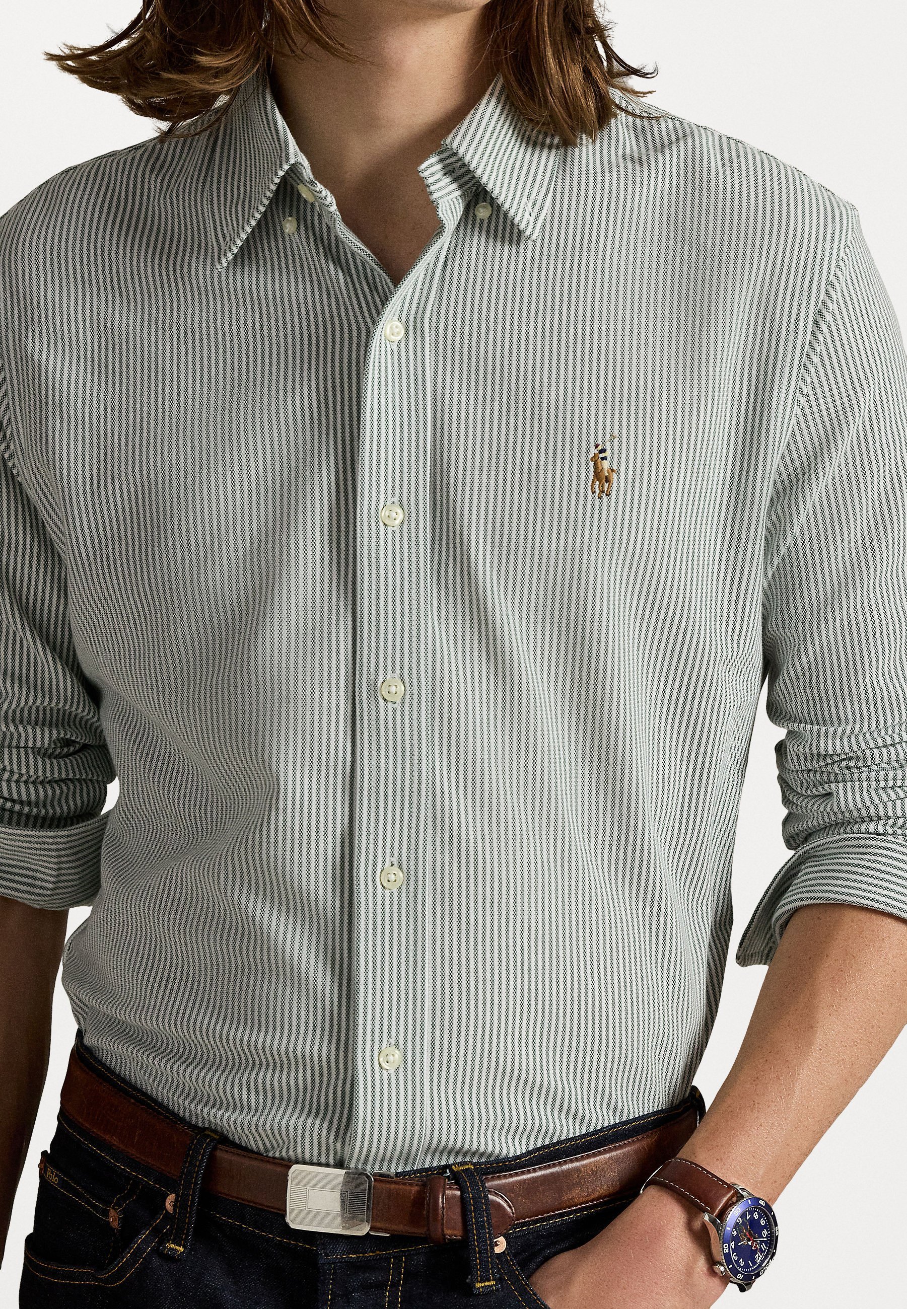 Polo Ralph Lauren STRIPED KNIT OXFORD SHIRT - Košeľa - vintage pine/white