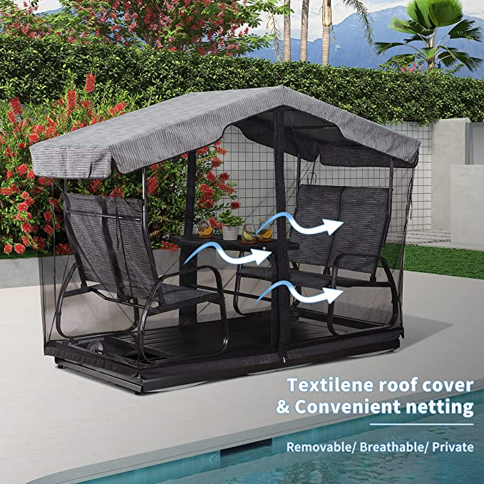 Lila Blatt Outdoor-Gleiterbänke für Veranda, Terrasse und Garten, Retro-Metall-Gleiterstuhl für den Außenbereich