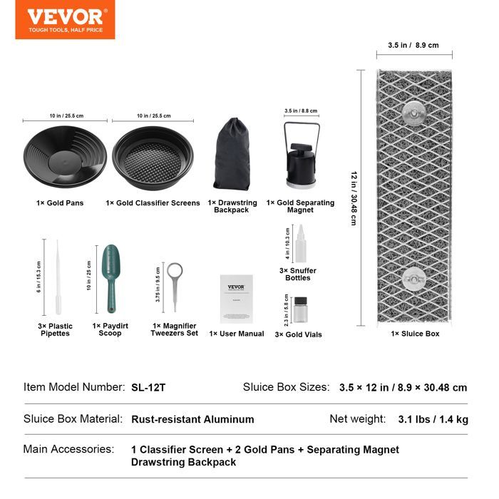 Kit portátil para buscar oro - VEVOR - Tallo de aluminio resistente de 30 cm (12 pulgadas) para la búsqueda de oro - Minero/buscador de oro para jardines y ríos