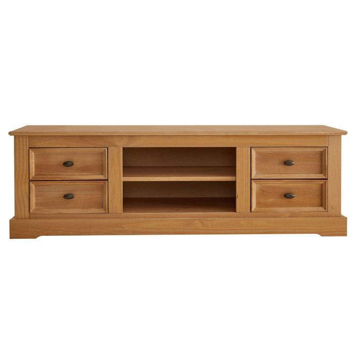 KENT tv-meubel, massief grenen tv-bank met gewaxte afwerking, 144 x 46 x 45 cm, met 4 lades en 2 planken.