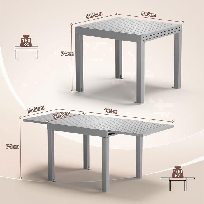 Uitschuifbare aluminium tuintafel | 200 kg ingeklapt / 150 kg uitgeklapt | 4-8 personen, stabiel en duurzaam, lichtgrijs