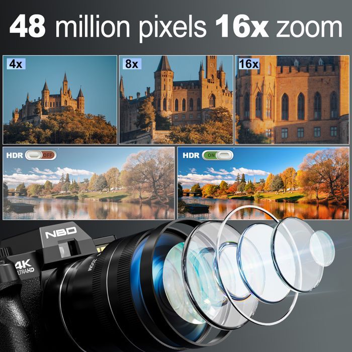 Câmera digital 4K de 48 MP, zoom digital de 16x, tela articulada de 3 polegadas, lente grande angular de 180° — Preta