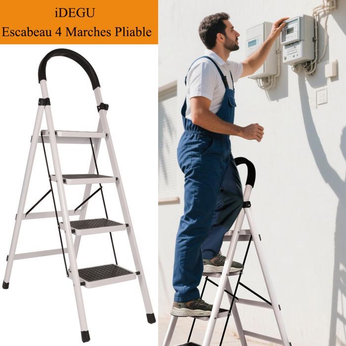 iDEGU 4-treden opvouwbare trap, antislip ladder met handgreep, stevige en brede voetplaat, draagvermogen tot 150 kg, zwart en wit