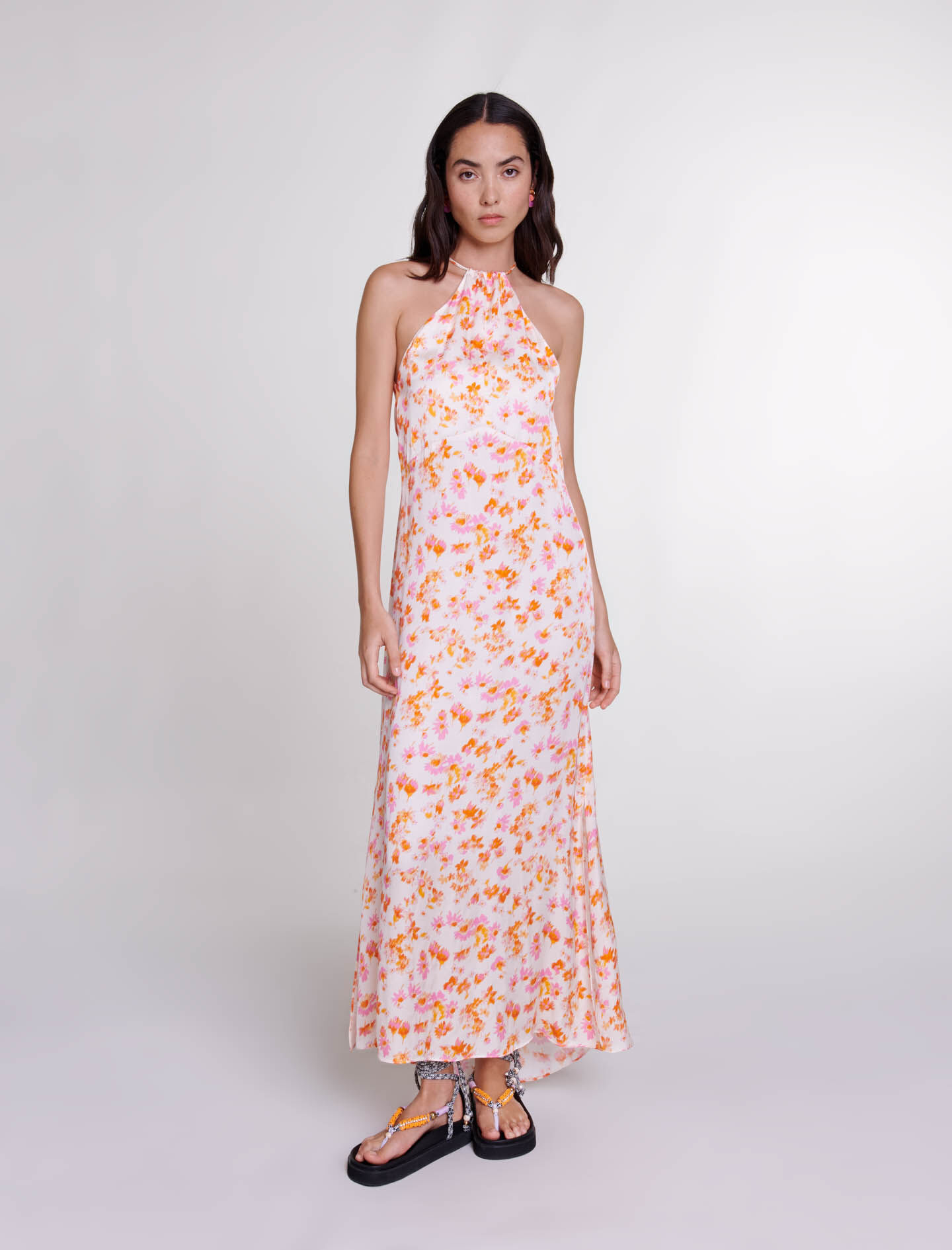 Lange jurk met bloemen- en satijnenprint - oranje print