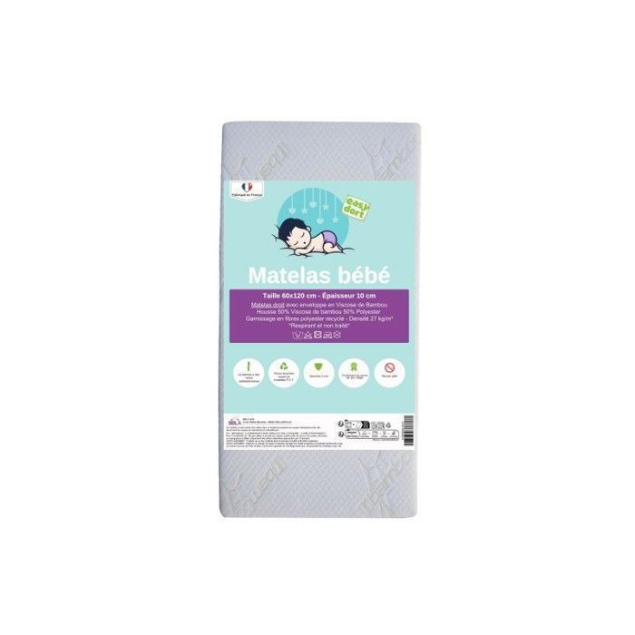 KIT PRATIQUE BEBE Matelas 60x120 Lit Bébé Lit Parapluie + 3 Draps housse Bio + 2 Alèses Bio | Certifié GOTS|Fabrication France UE