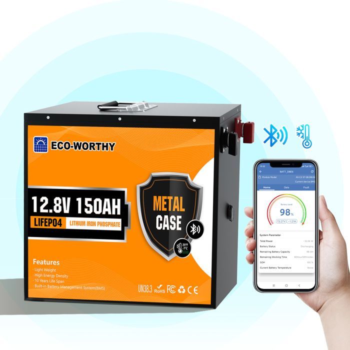 Milieuvriendelijke 12V 150AH lithium LiFePO4-accu met Bluetooth, 120A BMS, meer dan 6000 laadcycli, voor campers en zonne-energiesystemen.