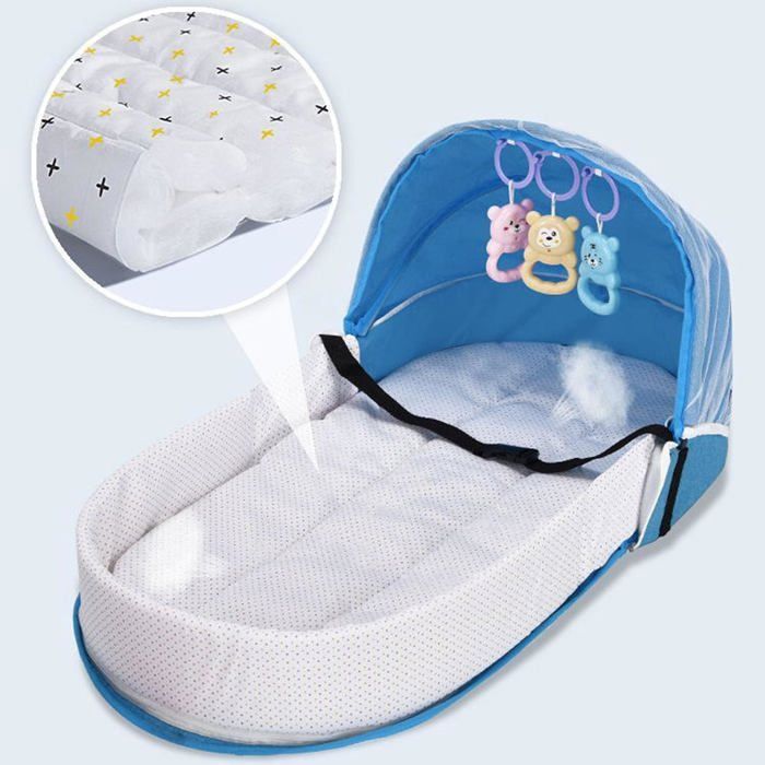 Cuna de viaje para bebé, cuna de viaje plegable portátil con tienda de campaña y cuarto infantil desmontables y lavables, color azul.