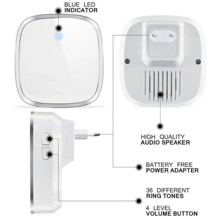 Doorbell and Chime - PZCC - Wireless - 300 Meter Range - 36 Melodies - Adjustable Volume