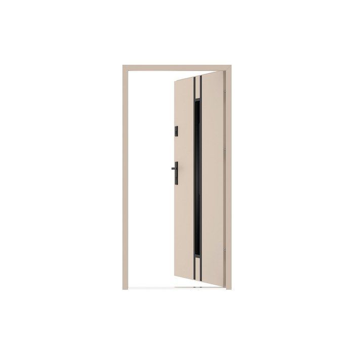Porta d'ingresso ARICANE in acciaio massiccio e acciaio inox, 207 cm di altezza x 100 cm di larghezza - vetro fumé - beige - spessore 55 mm - apertura a destra