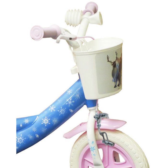 Bicicleta infantil Frozen de 10 polegadas - 1 freio - cesta dianteira, paralamas, protetor de corrente, rodas raiadas e 2 rodinhas de apoio removíveis!