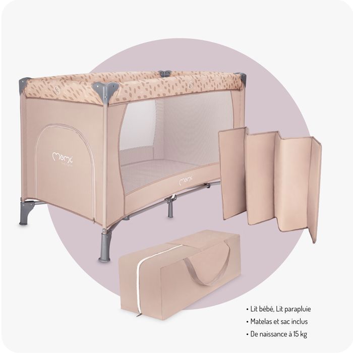 MoMi BELOVE – Lit Parapluie Bébé Pliant – Matelas + Sac de Transport – Accès Latéral – 2 Roulettes – Beige