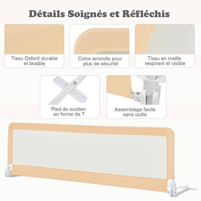COSTWAY Sponda di protezione pieghevole per lettino, 180 x 37 x 56 cm, con cinghie regolabili per materasso, angolo regolabile a 180°, beige