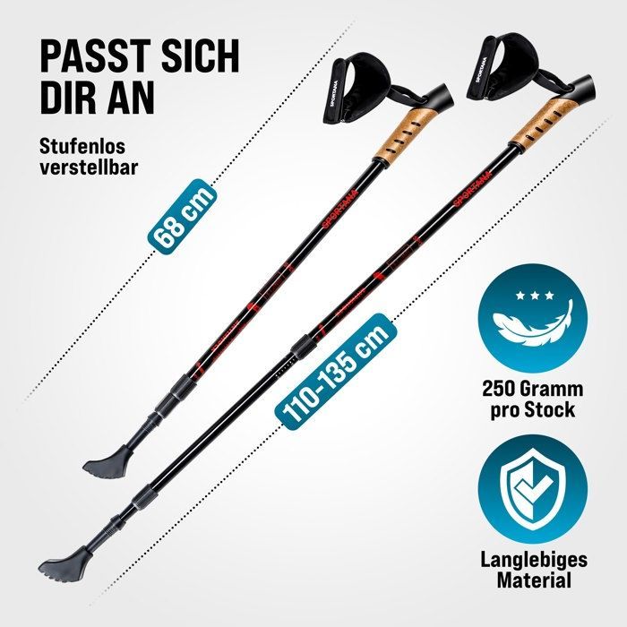 Telescopic aluminum Nordic walking poles with wrist straps - red