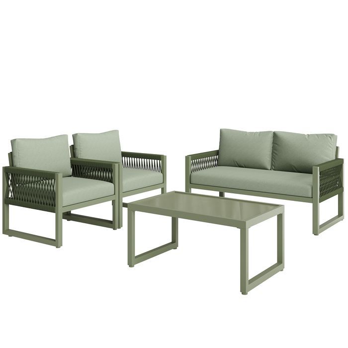Set di mobili da giardino in ferro zincato - 1 divano, 2 poltrone e 1 tavolino da caffè in vetro - decorato con corda - 4 posti - Verde avocado