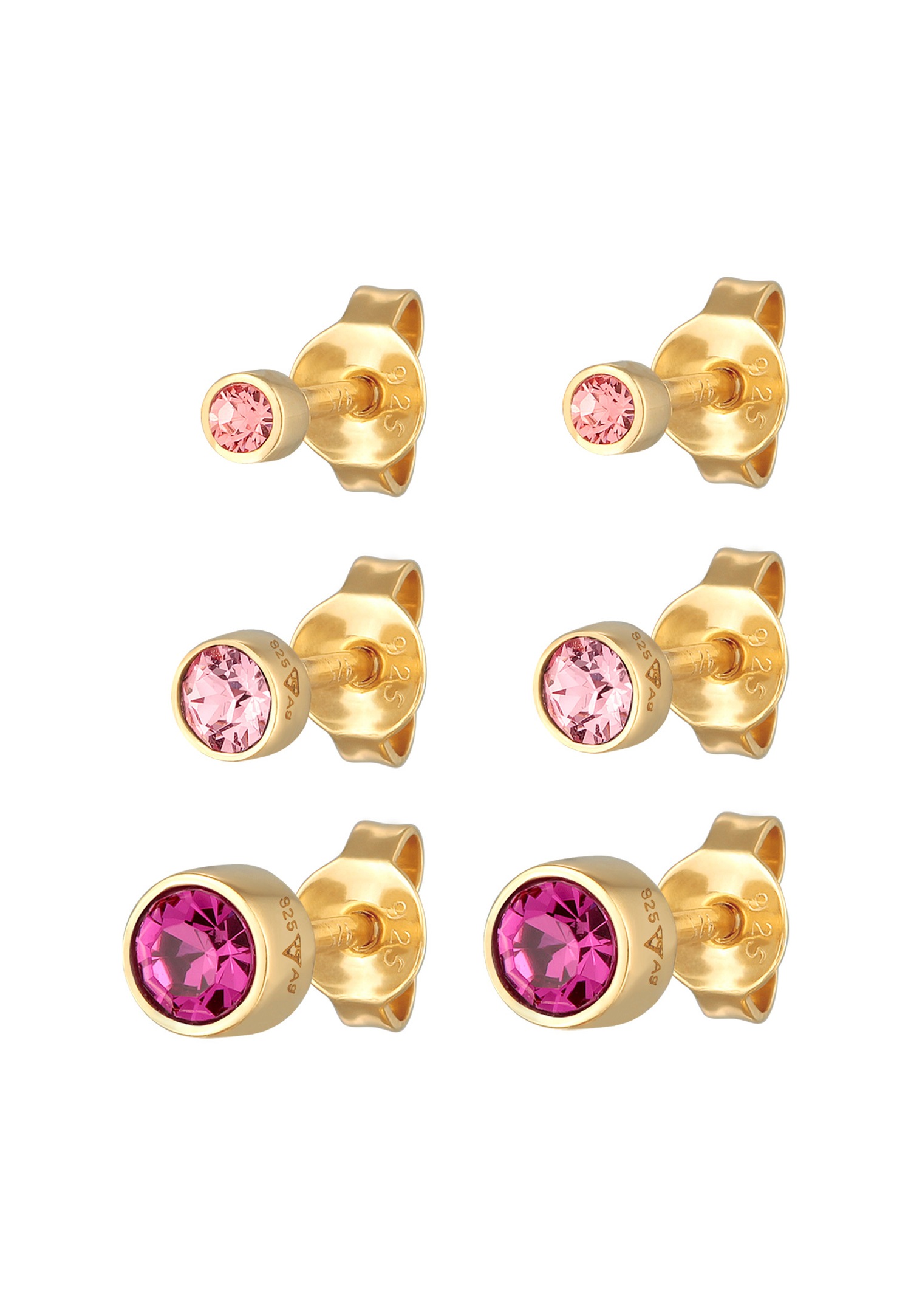 Elli Femmes Clous d'Oreilles Set Basique avec cristaux Rose en Argent Sterling 925 Plaqué Or